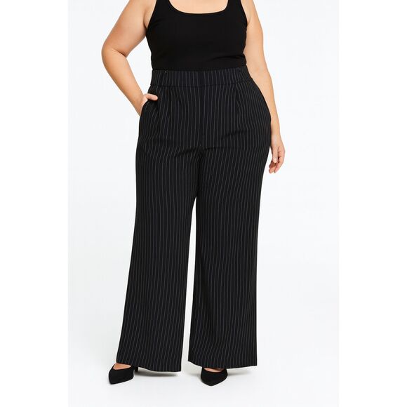 PrettyLittleThing Pinstripe Wide Leg Trouser Black 12 - Picture 1 of 8